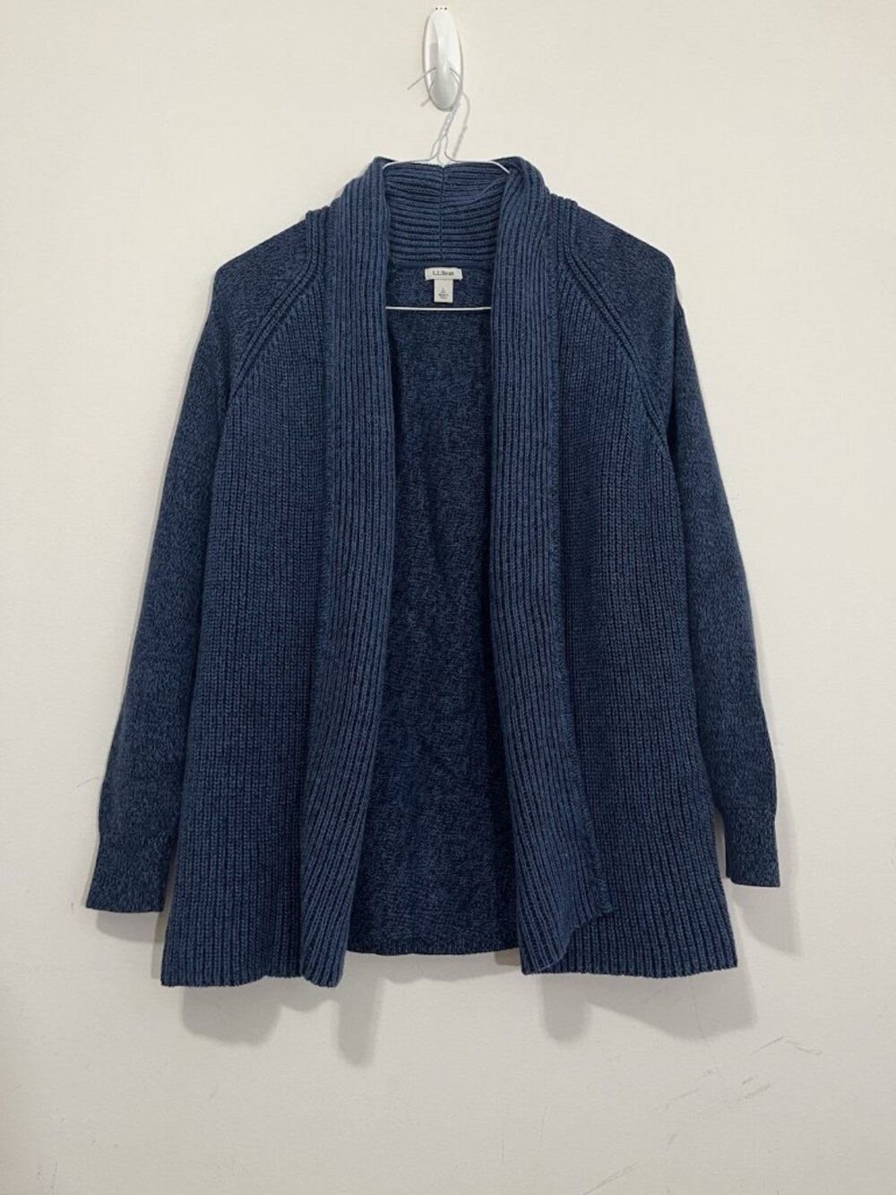 L.L. Bean Womens Blue Marled 100% Cotton Open Front Shawl Cardigan Size L Ribbed